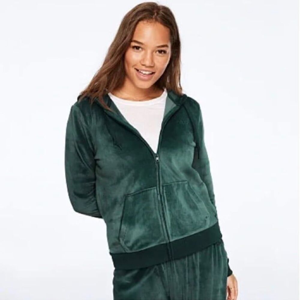 PINK Victoria’s Secret green velour zip up hoodie